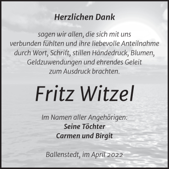 Traueranzeige von Fritz Witzel von Trauerkombi Quedlinburg
