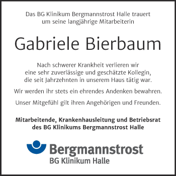 Traueranzeige von Gabriele Bierbaum von Mitteldeutsche Zeitung Halle/Saalkreis