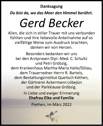 Traueranzeige von Gerd Becker von Trauerkombi Köthen