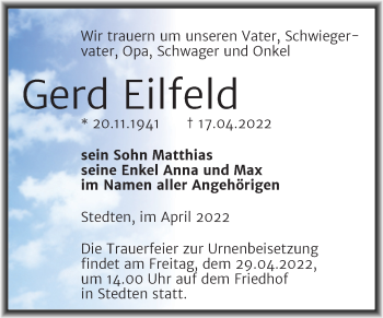 Traueranzeige von Gerd Eilfeld von Trauerkombi Mansfelder Land