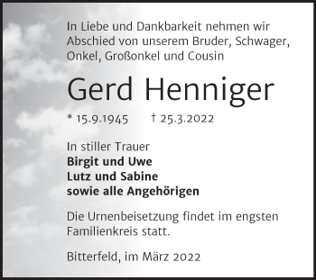 Traueranzeige von Gerd Henniger von Trauerkombi Bitterfeld