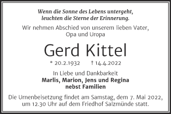 Traueranzeige von Gerd Kittel von Mitteldeutsche Zeitung Halle/Saalkreis