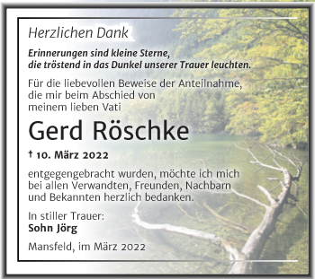 Traueranzeige von Gerd Röschke von Trauerkombi Mansfelder Land