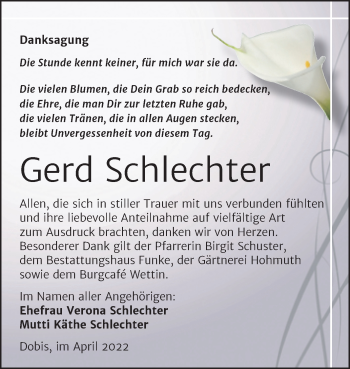 Traueranzeige von Gerd Schlechter von Mitteldeutsche Zeitung Halle/Saalkreis