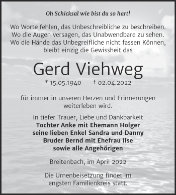 Traueranzeige von Gerd Viehweg von Trauerkombi Zeitz