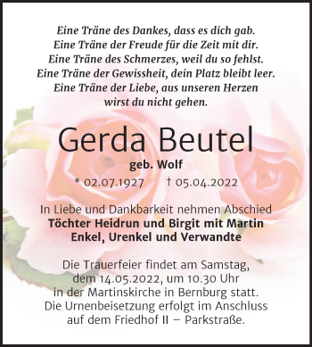 Traueranzeige von Gerda Beutel von Trauerkombi Bernburg