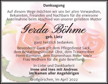 Traueranzeige von Gerda Böhme von Trauerkombi Weißenfels
