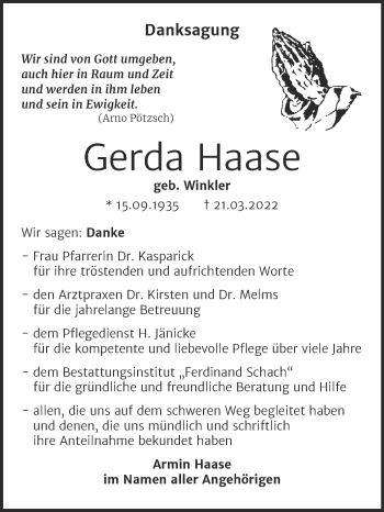 Traueranzeige von Gerda Haase von Trauerkombi Wittenberg