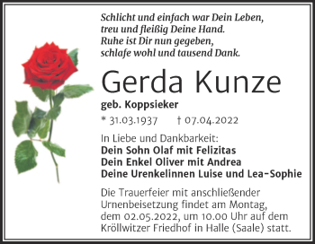 Traueranzeige von Gerda Kunze von Mitteldeutsche Zeitung Halle/Saalkreis