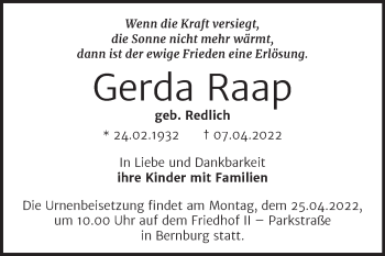 Traueranzeige von Gerda Raap von Trauerkombi Bernburg