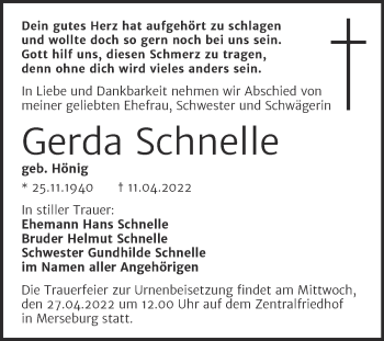 Traueranzeige von Gerda Schnelle von Trauerkombi Merseburg