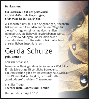 Traueranzeige von Gerda Schulze von Trauerkombi Quedlinburg