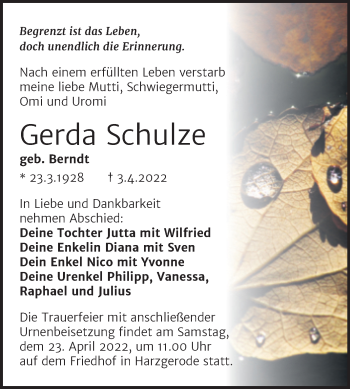 Traueranzeige von Gerda Schulze von Trauerkombi Quedlinburg