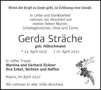 Traueranzeige von Gerda Sträche von Trauerkombi Zeitz