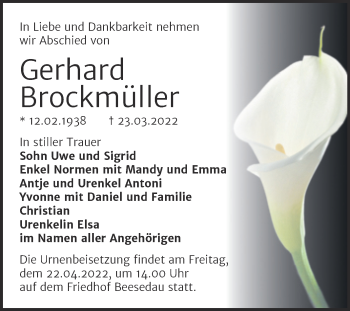Traueranzeige von Gerhard Brockmüller von Trauerkombi Bernburg