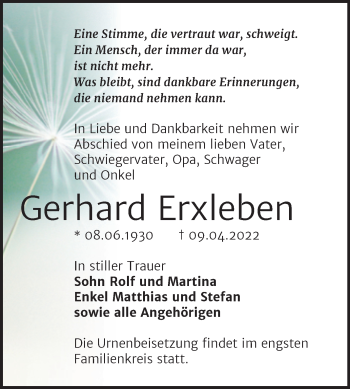Traueranzeige von Gerhard Erxleben von Trauerkombi Köthen