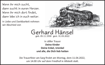 Traueranzeige von Gerhard Hänsel von Trauerkombi Sangerhausen