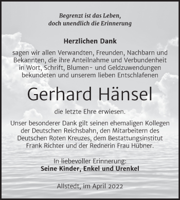 Traueranzeige von Gerhard Hänsel von Trauerkombi Sangerhausen