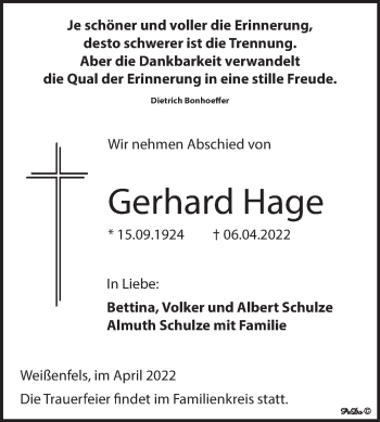 Traueranzeige von Gerhard Hage von Trauerkombi Weißenfels