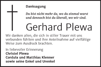 Traueranzeige von Gerhard Plewa von Trauerkombi Sangerhausen