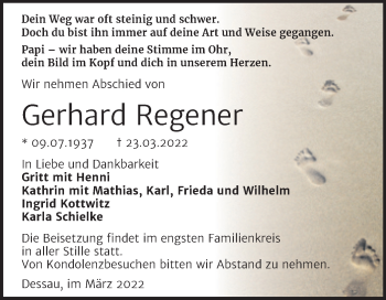 Traueranzeige von Gerhard Regener von Trauerkombi Dessau