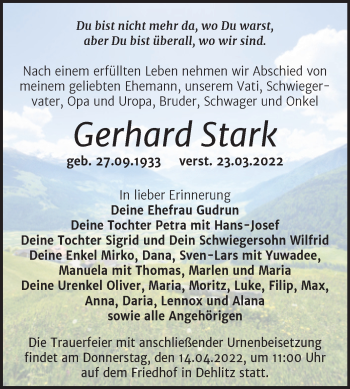 Traueranzeige von Gerhard Stark von Trauerkombi Weißenfels