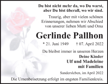 Traueranzeige von Gerlinde Pallhon von Trauerkombi Mansfelder Land