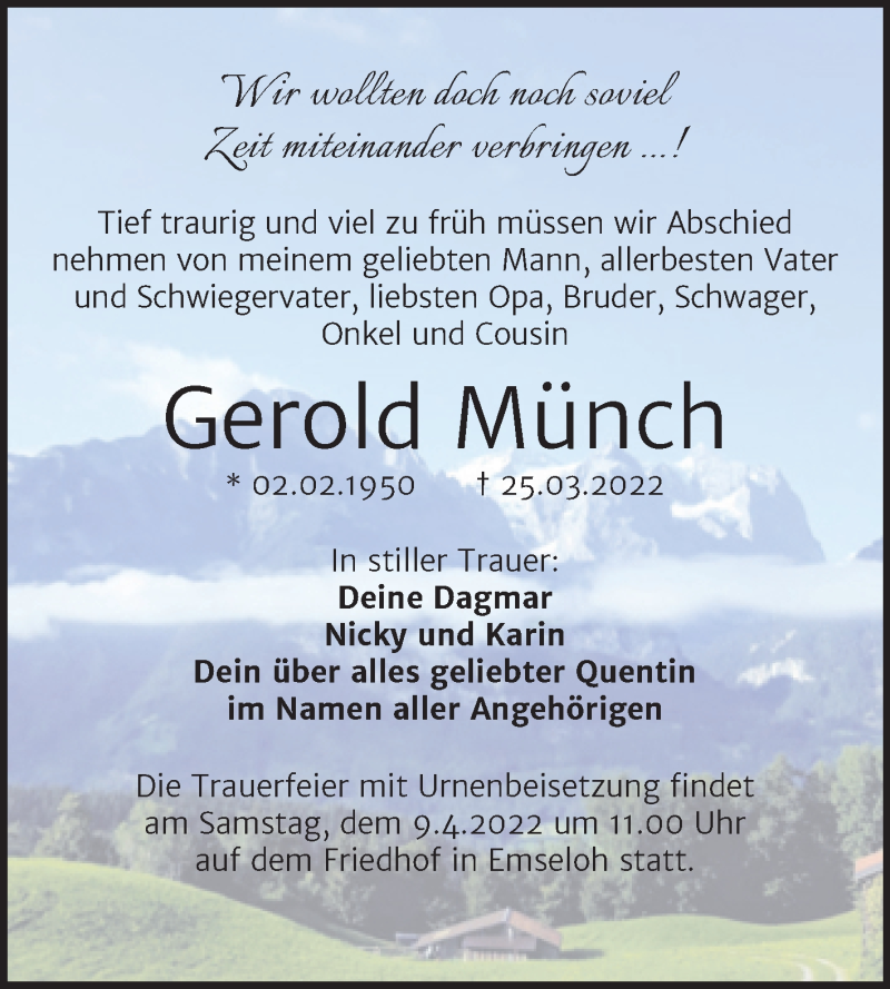  Traueranzeige für Gerold Münch vom 02.04.2022 aus Trauerkombi Sangerhausen
