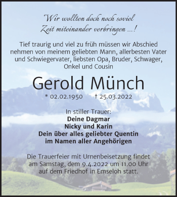 Traueranzeige von Gerold Münch von Trauerkombi Sangerhausen