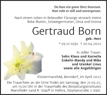 Traueranzeige von Gertraud Born von Trauerkombi Mansfelder Land
