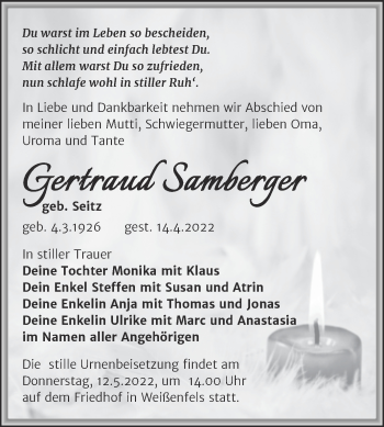 Traueranzeige von Gertraud Samberger von Trauerkombi Weißenfels