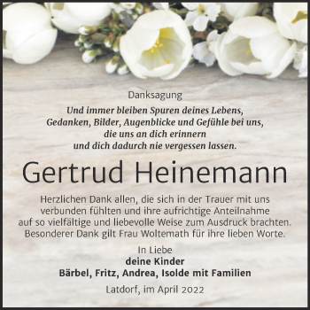 Traueranzeige von Gertrud Heinemann von Trauerkombi Bernburg