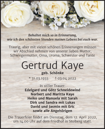Traueranzeige von Gertrud Kaye von Trauerkombi Sangerhausen