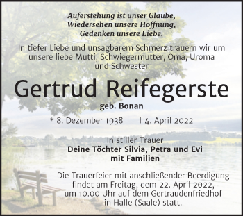 Traueranzeige von Gertrud Reifegerste von Mitteldeutsche Zeitung Halle/Saalkreis
