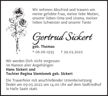 Traueranzeige von Gertrud Sickert von Mitteldeutsche Zeitung Dessau-Roßlau