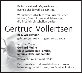 Traueranzeige von Gertrud Vollertsen von Trauerkombi Sangerhausen