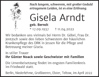 Traueranzeige von Gisela Arndt von Super Sonntag Wittenberg