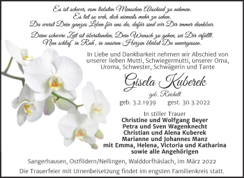 Traueranzeige von Gisela Kuberek von Trauerkombi Sangerhausen