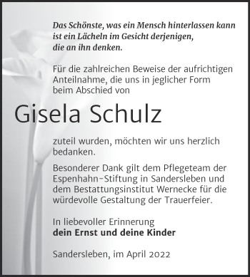 Traueranzeige von Gisela Schulz von Trauerkombi Mansfelder Land