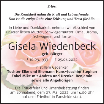 Traueranzeige von Gisela Wiedenbeck von Trauerkombi Quedlinburg