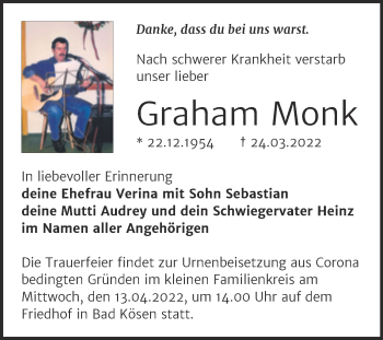 Traueranzeige von Graham Monk von Wochenspiegel Naumburg/Nebra