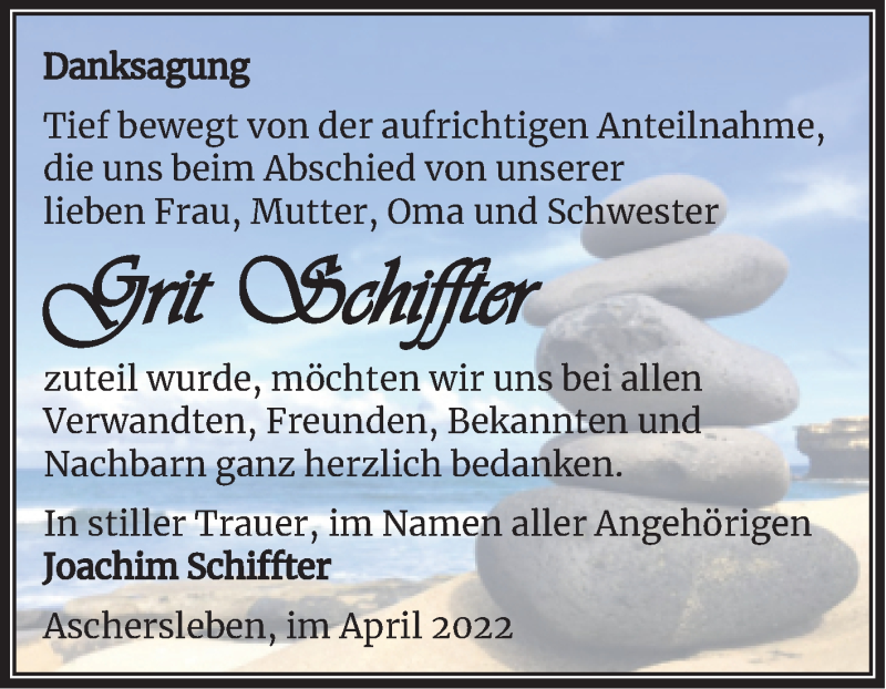  Traueranzeige für Grit Schiffter vom 30.04.2022 aus Trauerkombi Aschersleben