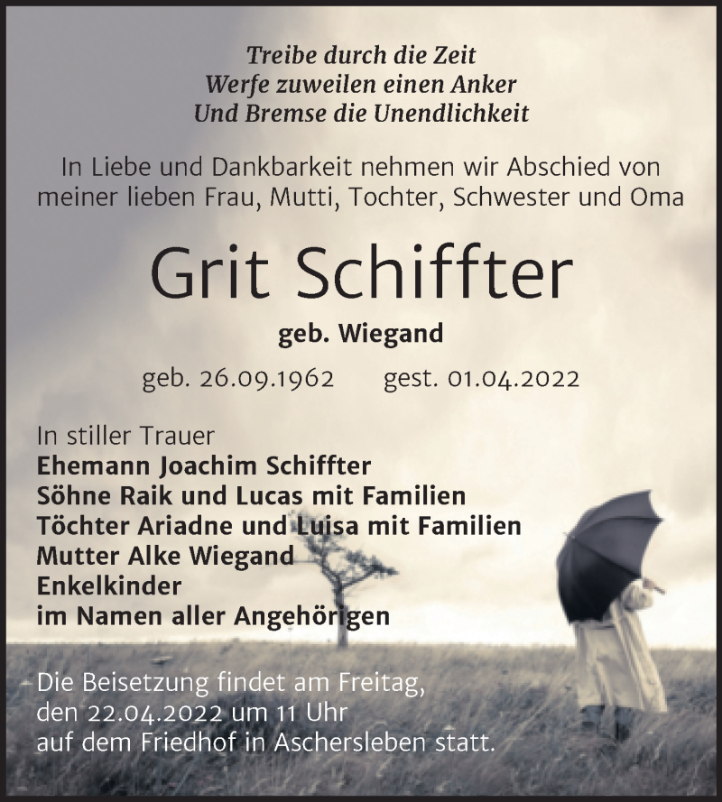  Traueranzeige für Grit Schiffter vom 16.04.2022 aus Trauerkombi Aschersleben