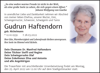 Traueranzeige von Gudrun Haftendorn von Mitteldeutsche Zeitung Halle/Saalkreis