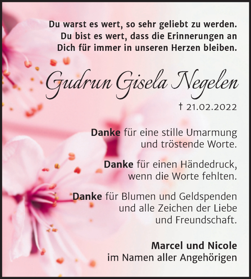  Traueranzeige für Gudrun Gisela Negelen vom 13.04.2022 aus Wochenspiegel Naumburg/Nebra