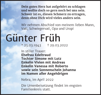Traueranzeige von Günter Früh von Wochenspiegel Naumburg/Nebra