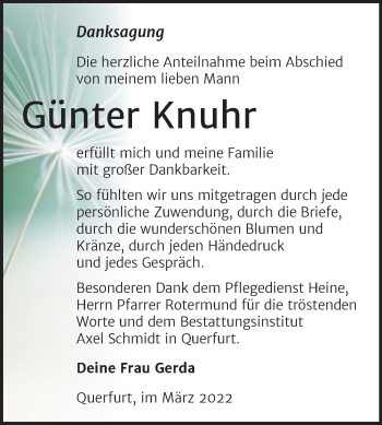 Traueranzeige von Günter Knuhr von Trauerkombi Merseburg