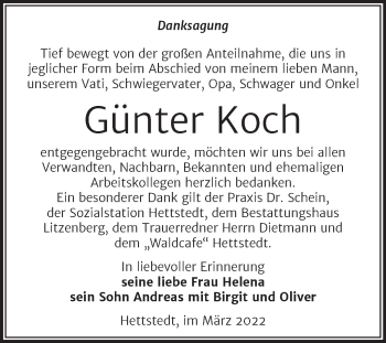 Traueranzeige von Günter Koch von Trauerkombi Mansfelder Land