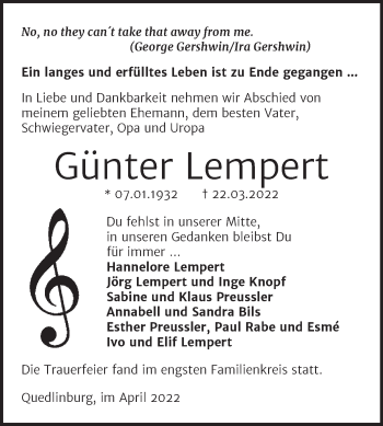 Traueranzeige von Günter Lempert von Trauerkombi Quedlinburg