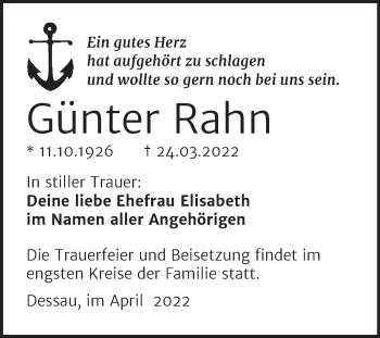 Traueranzeige von Günter Rahn von Trauerkombi Dessau